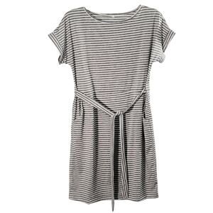 Stretch Knit Pocket Dress Women's Size L Gray White Stripe Short Sleeve Pullover